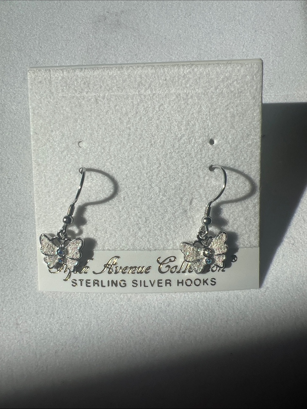 Sterling Silver Butterfly Drop Earrings - White Glitter